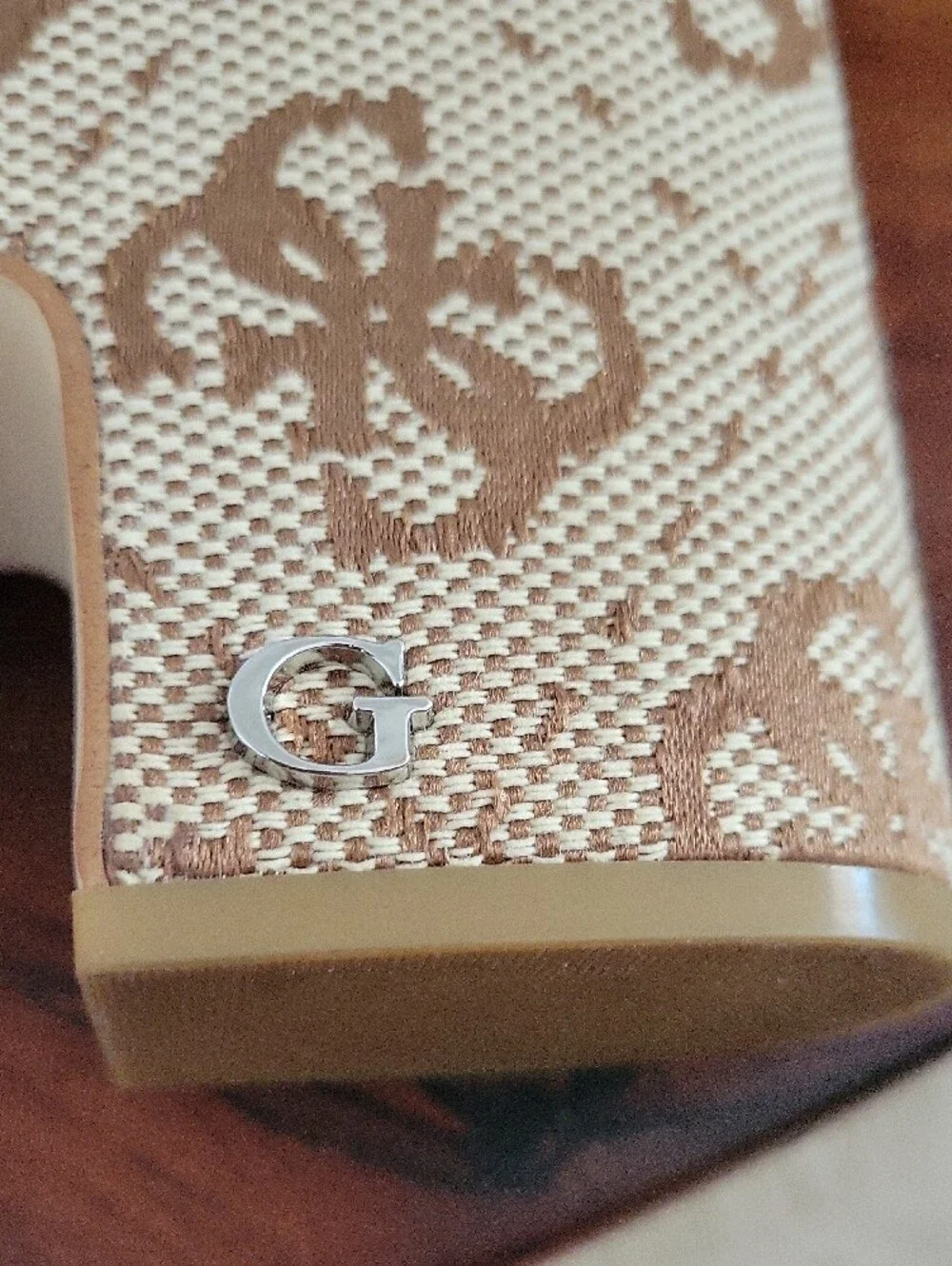 GUESS Yapplea Beige and Brown Logo Platform Mules